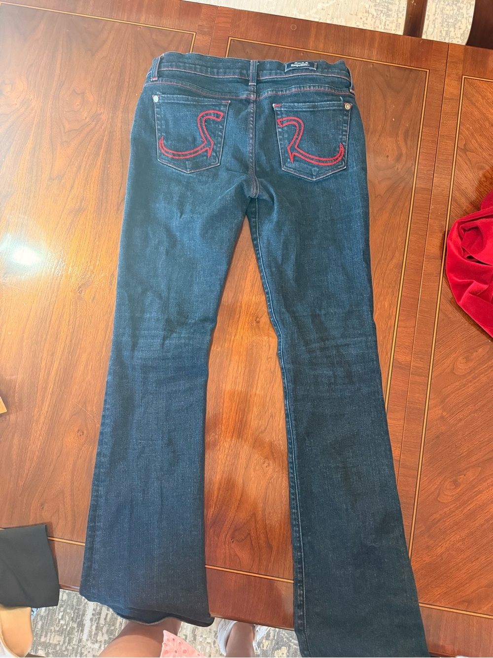 Rock & Republic Dark Blue Flared Jeans with Red Pocket Stitching